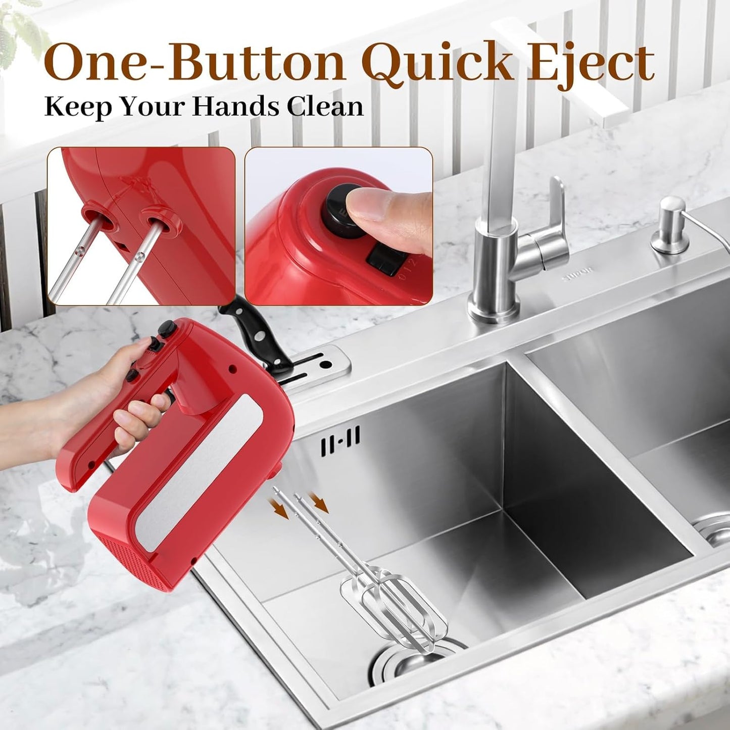Skiennix 5-Speed Electric Hand Mixer - 800W Handheld Mixer with Turbo & 6 Attachments | Red