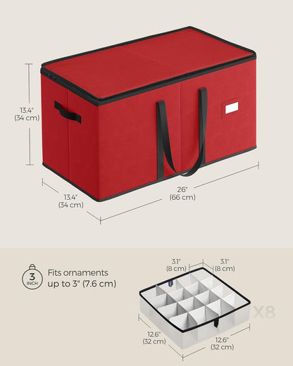 SONGMICS Christmas Ornament Storage Box - Stackable Dual Zipper Container with 128 Slots - Cherry Red