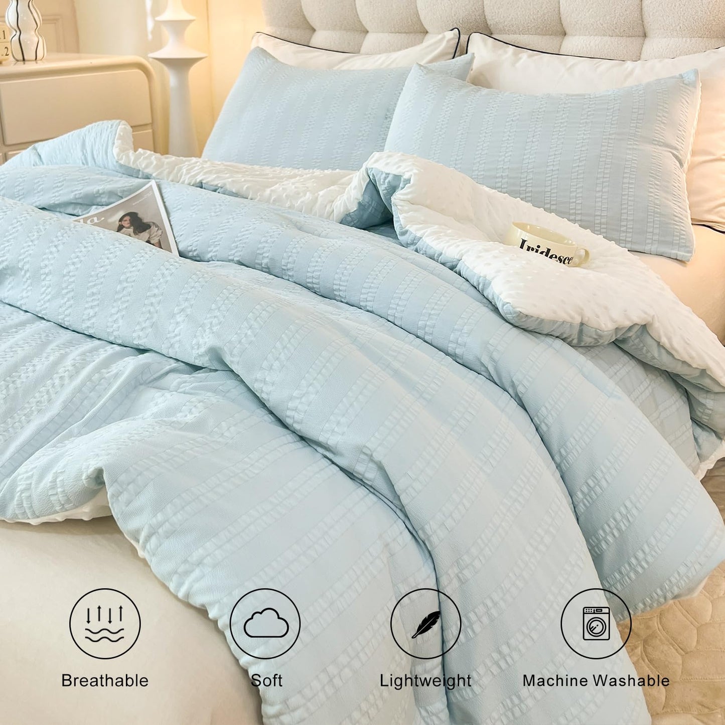 tohrisa Boho Comforter Set Twin Size Striped Pleats Bohemian Seersucker Bedding Set All Season Soft Cozy 2 Pieces Quilt with 1 Pillowcase(68"X90" Light Blue)