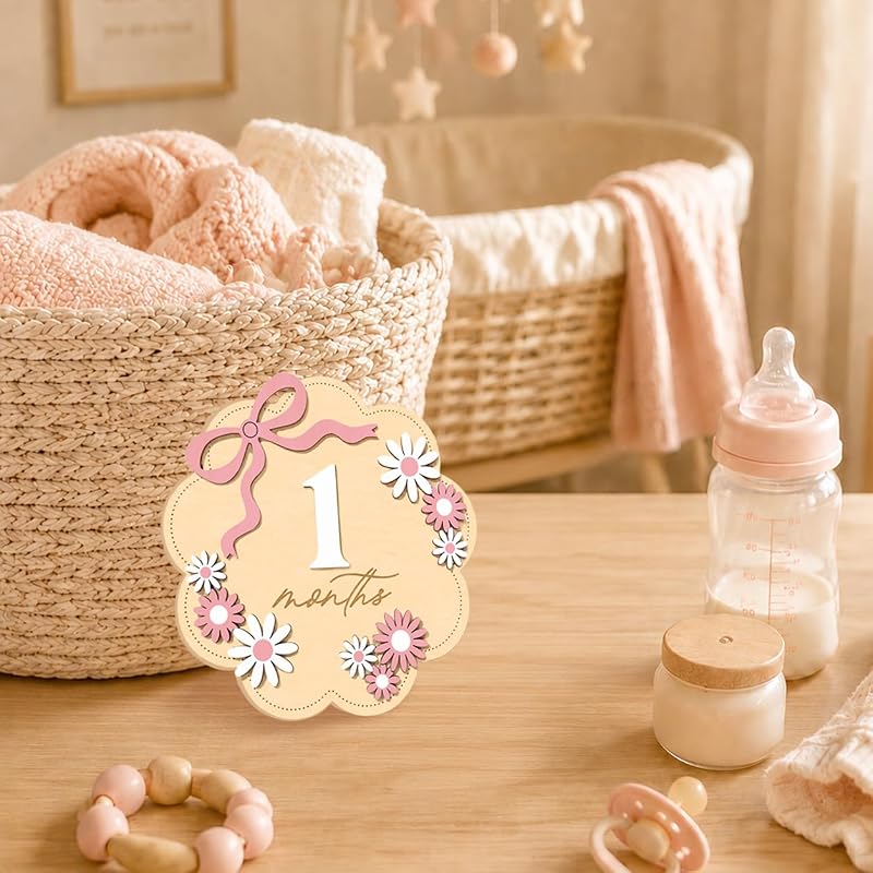 Monthly Milestone Sign Set for Girls with Pink Bow – 1–12 Months, Double-Sided Wooden Baby Photo Keepsake (Variation: Pink Flower01)