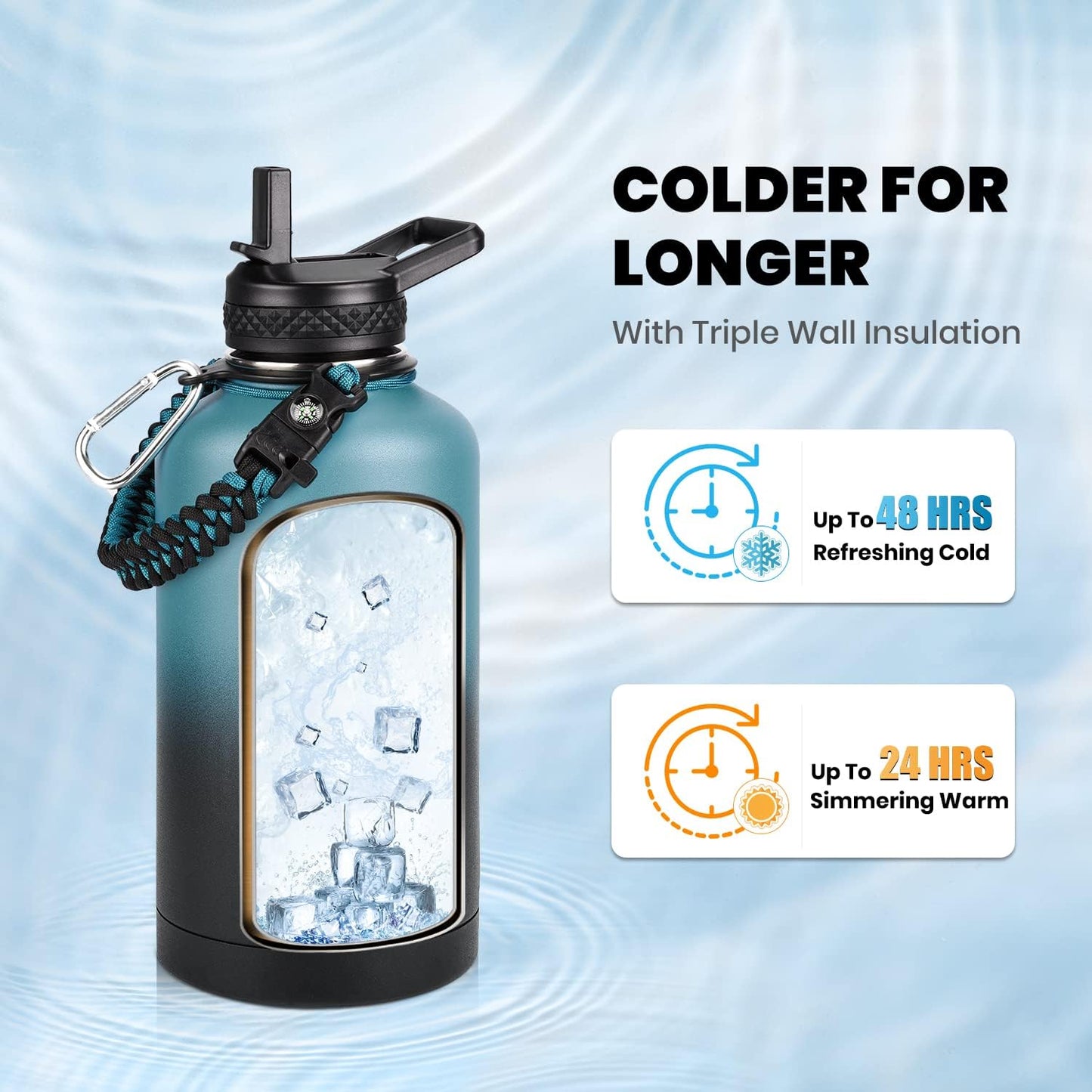 Skiennix Insulated Water Bottle - 64 Oz Triple Wall Vacuum Stainless Steel | Cold for 48 Hrs, Leak Proof, Non-BPA