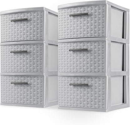Sterilite 3 Drawer Storage Tower - Lightweight Plastic Weave Organizer in Cement | Ideal for Bedrooms, Closets, Bathrooms