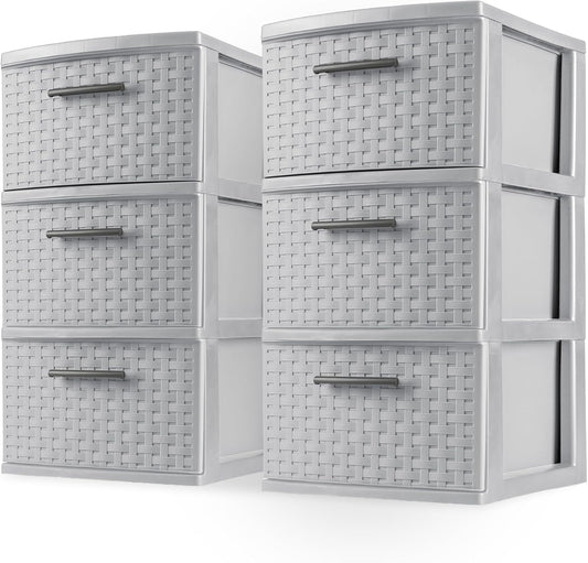Sterilite 3 Drawer Storage Tower - Lightweight Plastic Weave Organizer in Cement | Ideal for Bedrooms, Closets, Bathrooms