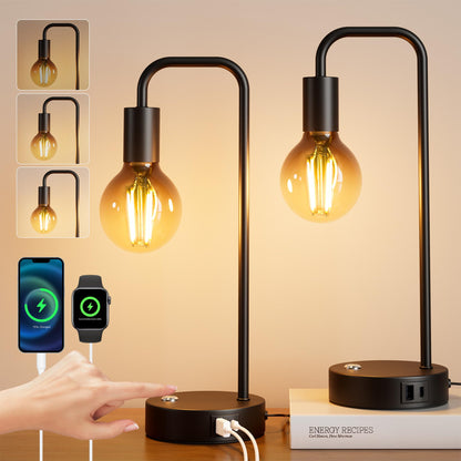 QiMH Industrial Table Lamps for Living Room, Farmhouse Table Lamp with USB A+C Ports, Minimalist Bedside Lamps Set of 2, Touch Control Stepess Dimmable,8W G80 Globe Bulb, Black Lamps for Bedroom