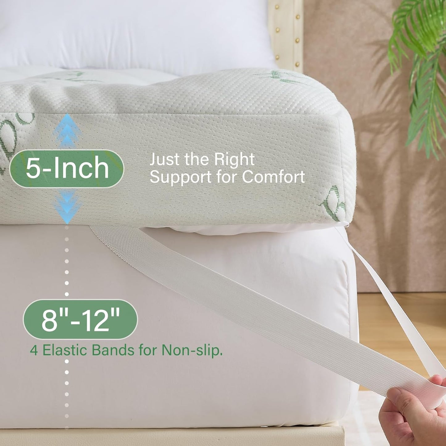 WhatsBedding 5-Inch Memory Foam Mattress Topper - Soft Bamboo Viscose, Breathable Comfort | Queen Size 80x60in