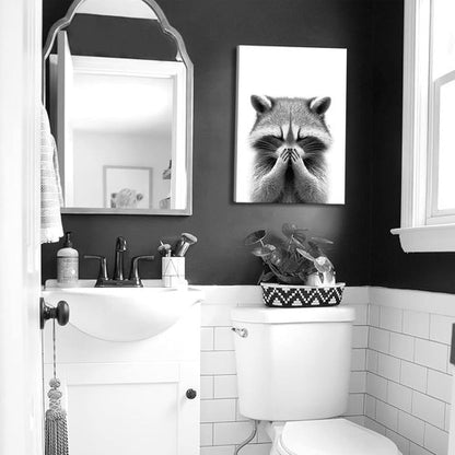 Danseed 4pcs Raccoon Bathroom Canvas Wall Art - Modern Black & White Animal Decor for Washroom
