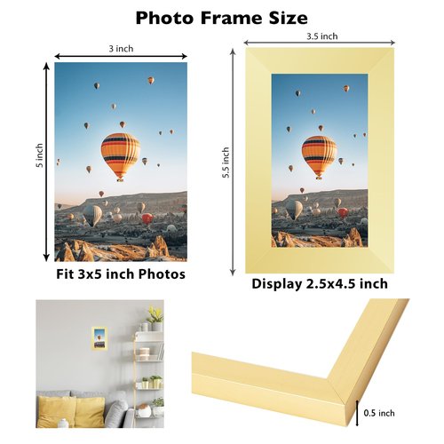 JCJMY 3x5 Picture Frame Gold for Tabletop, 3 x 5 Photo Frame with Shatter Resistant Plexiglass, Sturdy 3 by 5 Poster Frame, Gold