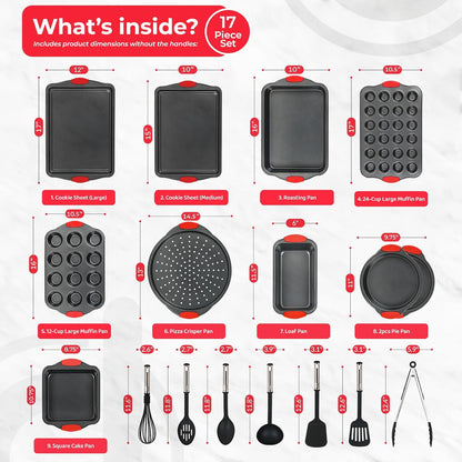 PERLLI Non-Stick 17-Piece Baking Pan Set - BPA-Free Carbon Steel Bakeware with Silicone Handles | Oven Safe Up to 446°F