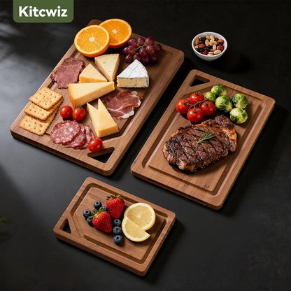 Bamboo Cutting Boards Set - 3-Pack Kitchen Chopping Boards with Deep Juice Grooves & Holder