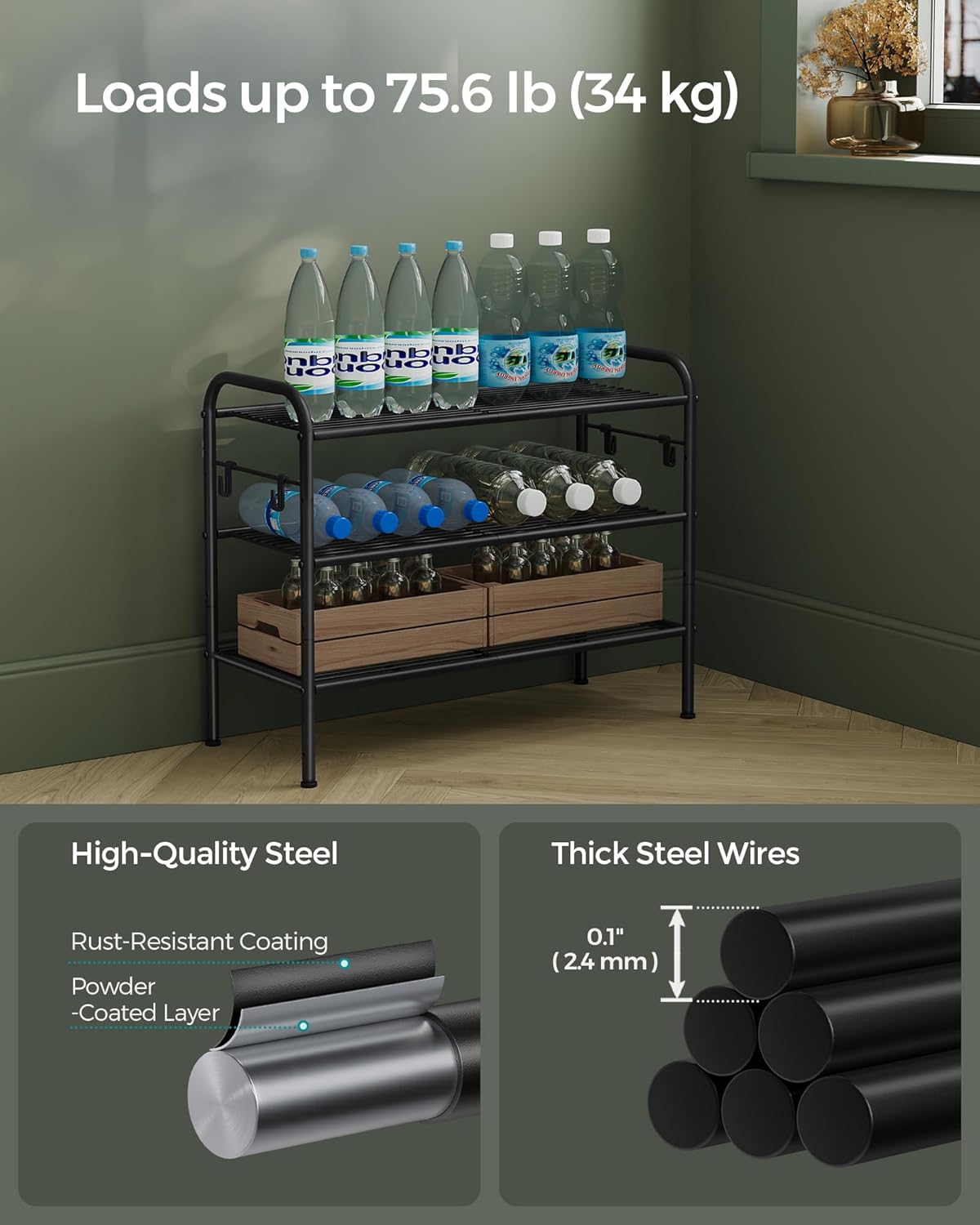 SONGMICS Shoe Rack - 3-Tier Metal Organizer with 4 Hooks | Holds 12 Pairs, Height-Adjustable, Ink Black