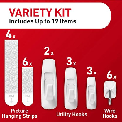 Command Variety Pack - 10 Pairs Picture Hanging Strips, 6 Wire Hooks & 8 Utility Hooks | Damage-Free Hanging for Up to 19 Items
