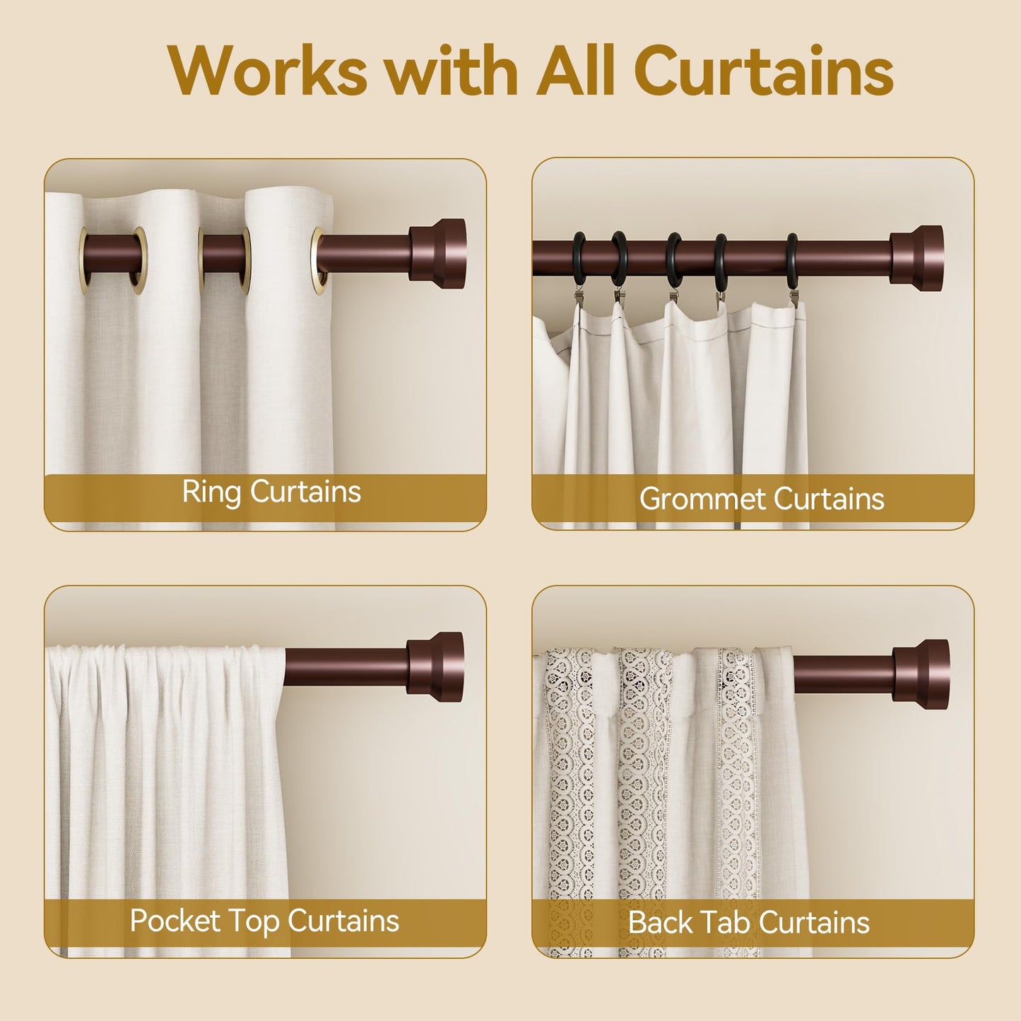 YaFex Curtain Rods 2 Pack 32-118 Inch, Heavy Duty 1 Inch Curtain Rod, Bronze Long Adjustable Window Treatment Rods,Modern Design, Easy Installation