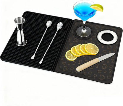Bar Mat for Countertop，Bar Mat, Multifunctional Folding Cocktail Mat with Cutting Board, 18" X 12"(Black) Drying Mats,Bar Accessories, Bar Decorations for Home, Outdoor Bar Accessories,Travel