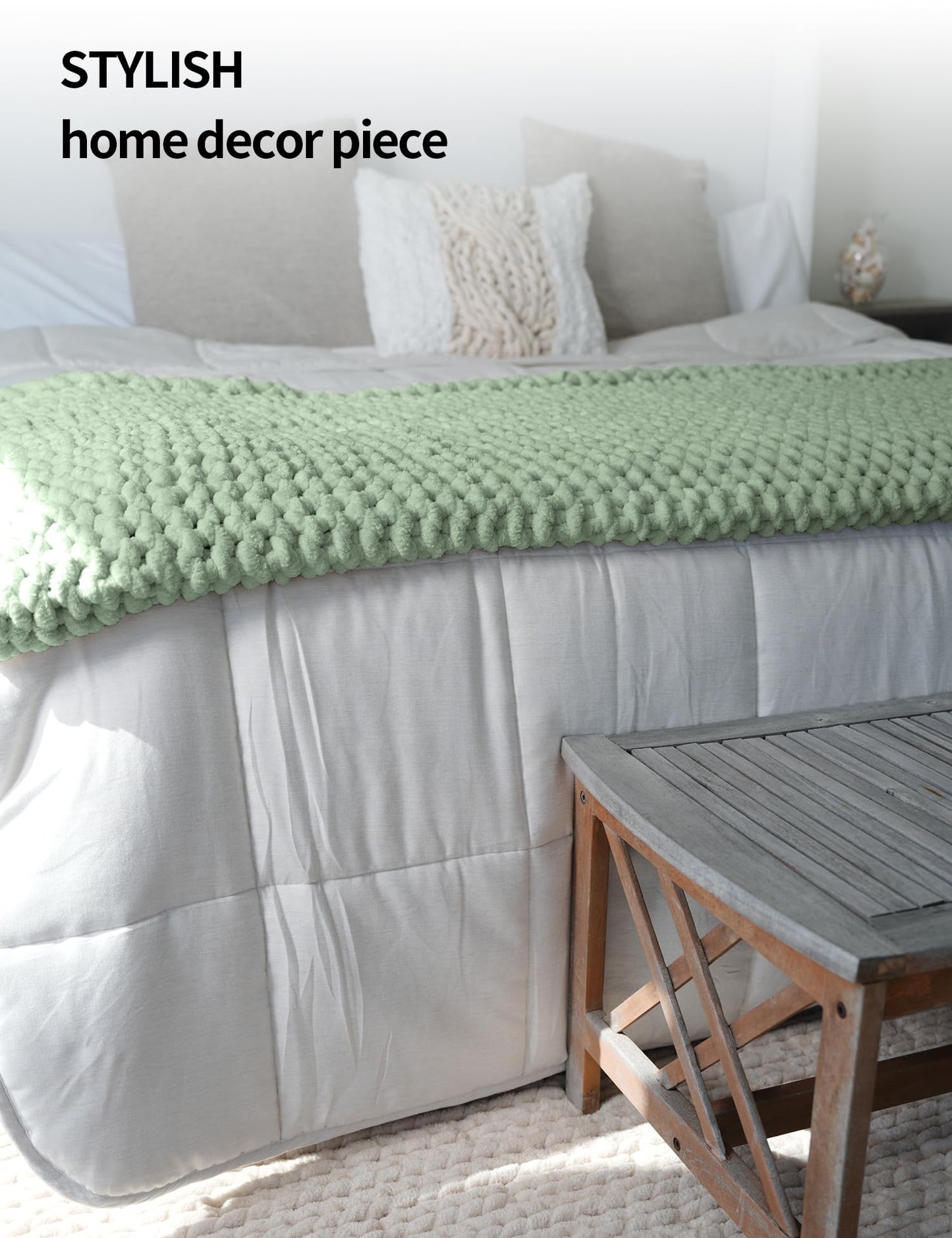 YnM Chunky Throw Blanket, Medium-Weight, Hand Knitted with Chenille Yarn, Skin Friendly, Ventilated and Breathable, Machine Washable, Home Décor Piece for Couch, Sofa and Bed (Sage Green, 50x60 Inch)