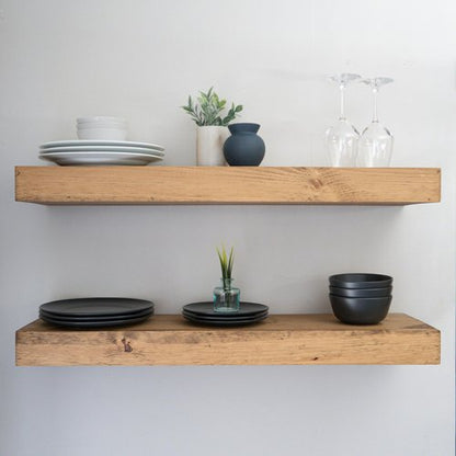 Urbandi Modern Floating Shelves 3 Inches Thick for Wall, Wide Shelves for Kitchen, Living Room, Bedroom, and Bathroom, Natural Pine Wood, Rustic Wooden Shelf, (Set of 2) (Aged Oak, 36Lx3Hx6D)
