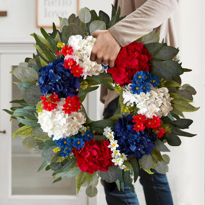 WANNA-CUL 24-Inch Patriotic Hydrangea Wreath - Red, White & Blue 4th of July Door Decor