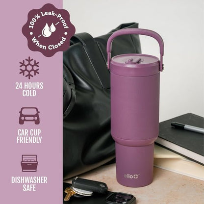 Ello Oasis Go+ 32oz Tumbler - Reusable Insulated Stainless Steel Cup | 100% Leakproof, 24-Hour Cold, Wild Raspberry