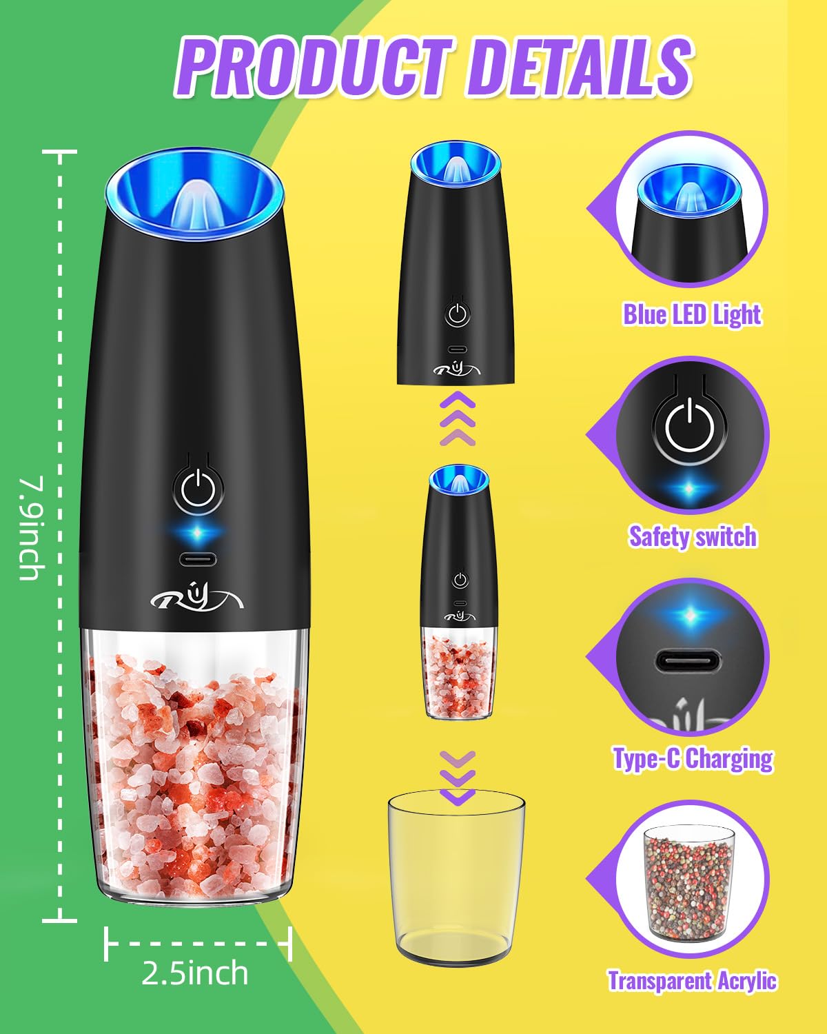 Rongyuxuan Upgraded Rechargeable Gravity Electric Salt and Pepper Grinder Set with LED lights,Stainless Steel Automatic Pepper or Salt Grinder Mill Shaker Refillable with Adjustable Coarseness,Black