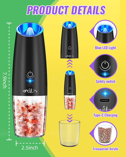 Rongyuxuan Upgraded Rechargeable Gravity Electric Salt and Pepper Grinder Set with LED lights,Stainless Steel Automatic Pepper or Salt Grinder Mill Shaker Refillable with Adjustable Coarseness,Black