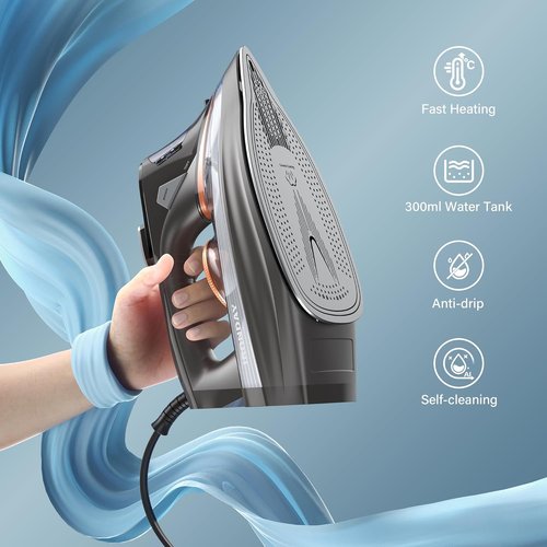 IRONDAY Steam Iron - 1700W Non-Stick Ceramic Soleplate with LCD Screen & Auto Shutoff | Grey
