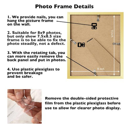 JCJMY 8x9 Picture Frame Gold for Wall Hanging or Tabletop, Wall Mounting Horizontally or Vertically, 8 x 9 Wall Gallery Poster Photo Frame with Shatter Resistant Plastic Plexiglass, Gold