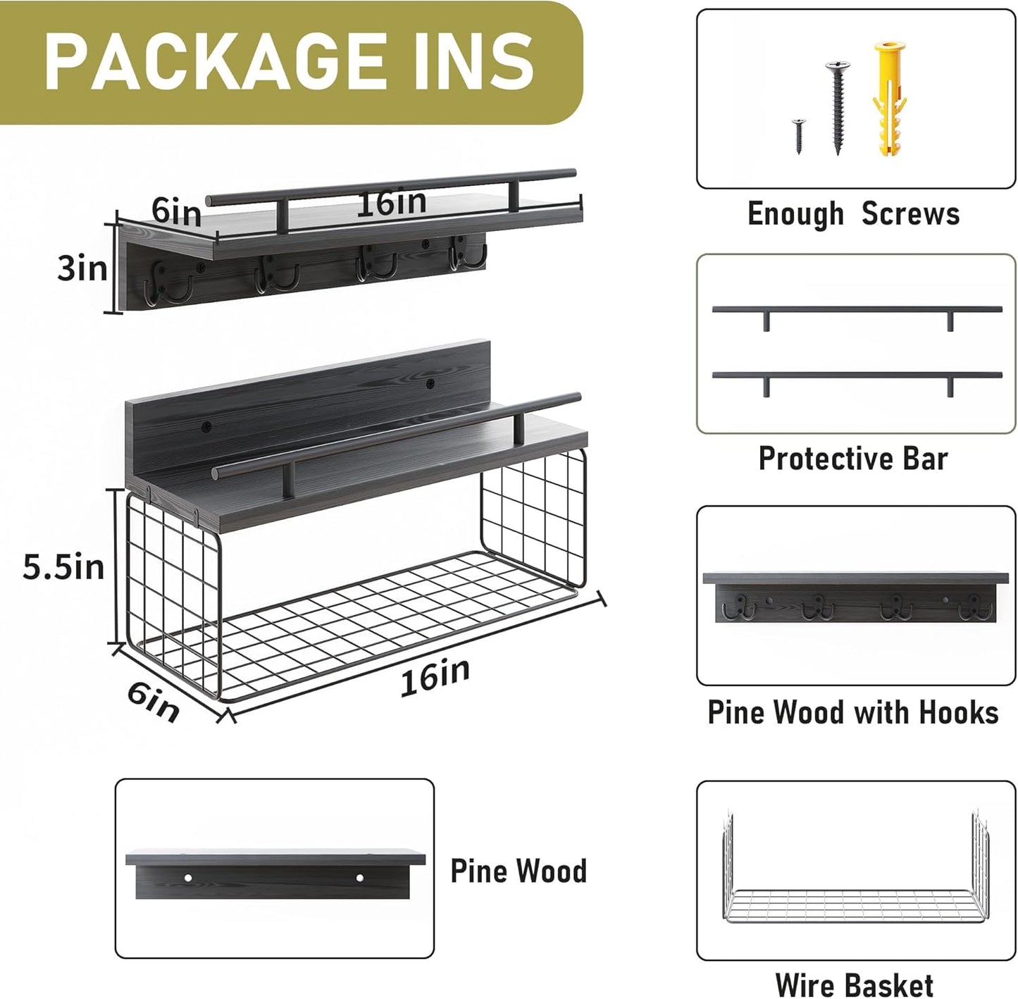 Regine Switzerland Floating Shelves - Black Bathroom Wall Shelves Over Toilet | Set of 2 with Basket & Hooks