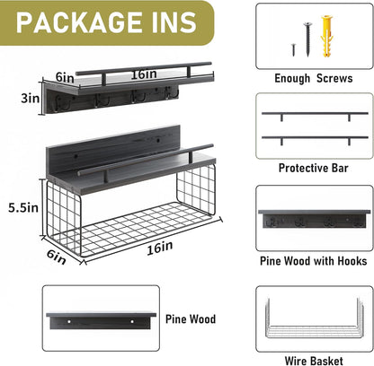 Regine Switzerland Floating Shelves - Black Bathroom Wall Shelves Over Toilet | Set of 2 with Basket & Hooks