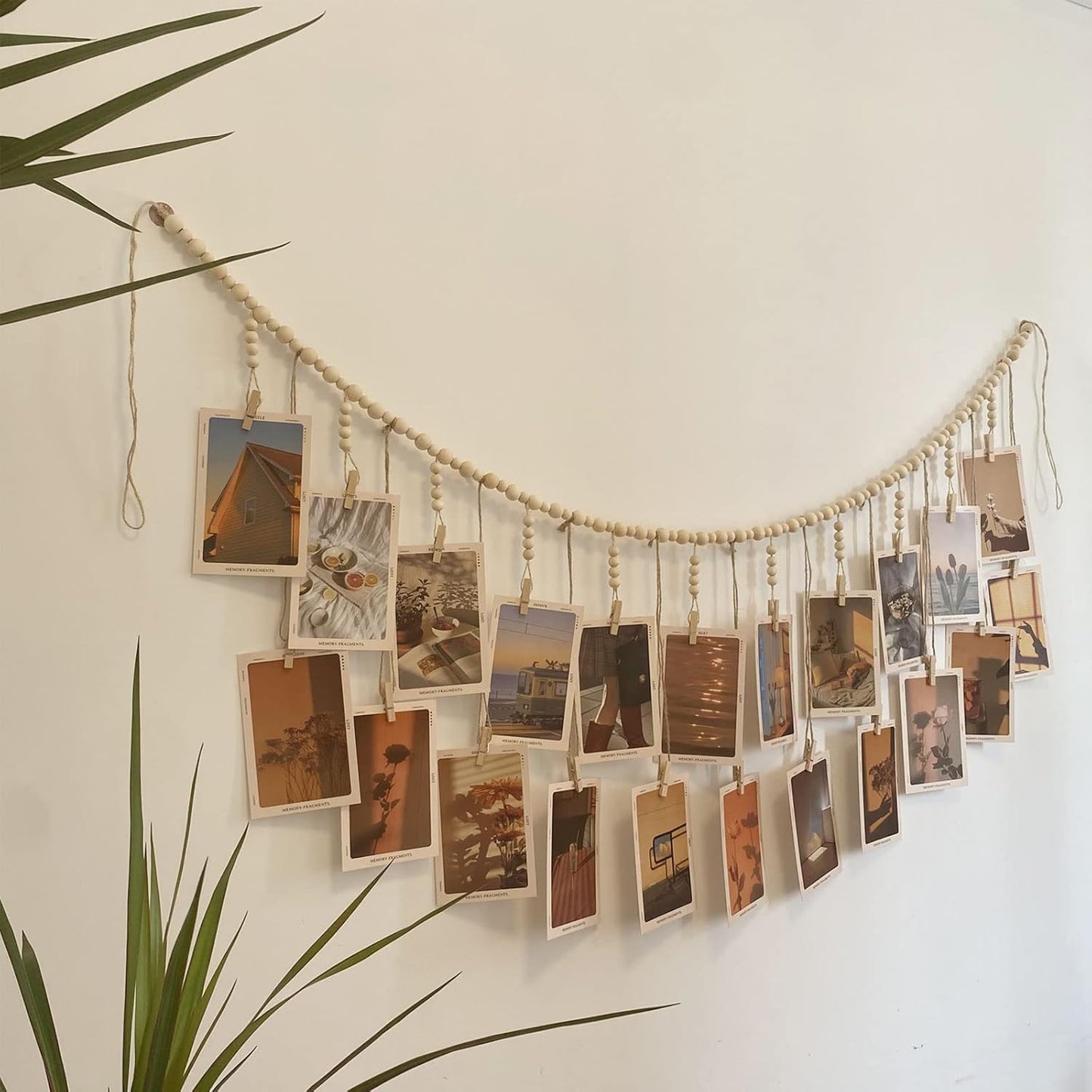 Wooden Bead Garland Photo Display | 22 Clip Boho Style Collage Frame for Dorms & Bedrooms