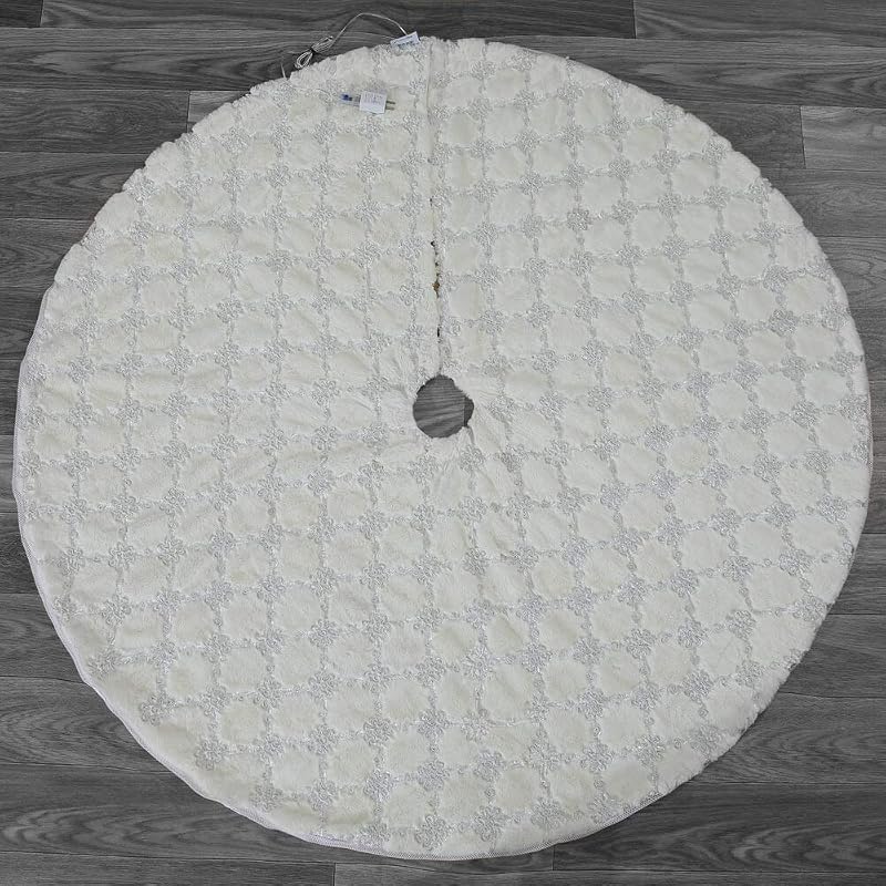 White 55 Inch Faux Fur Hatched Tree Skirt with Programmable LED Lights - Ivory