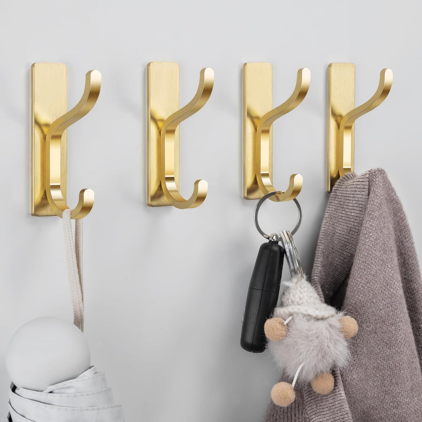 Pickpiff Adhesive Wall Coat Hooks - Heavy-Duty Metal Hangers for Towels, Bags, and Clothes - Gold, 4 Pack