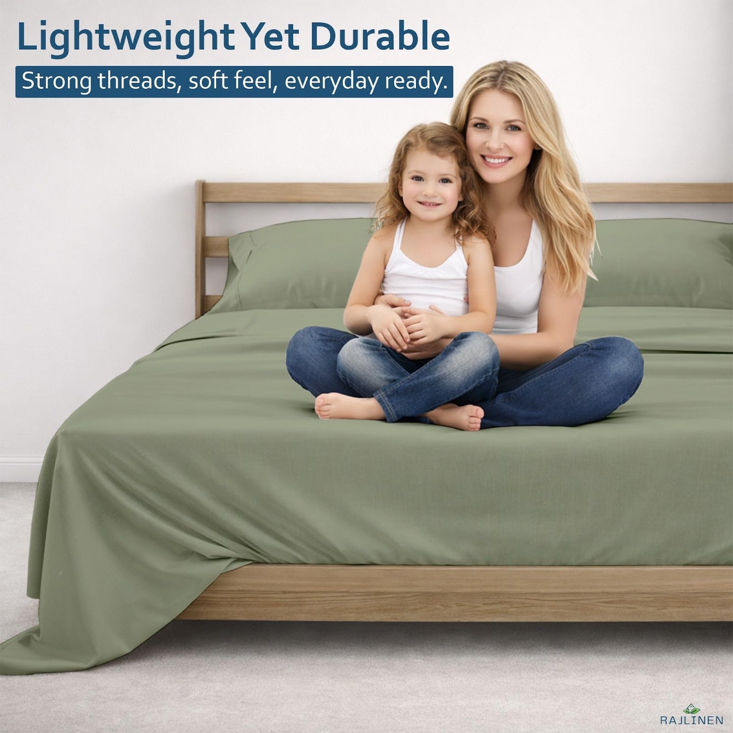 Rajlinen 100% Cotton Queen Sheets Set, Cooling & Breathable Bed Sheets, 16 Inch Deep Pocket Fitted Sheet with All-Around Elastic, Soft & Durable Bedding Set, Sage Solid