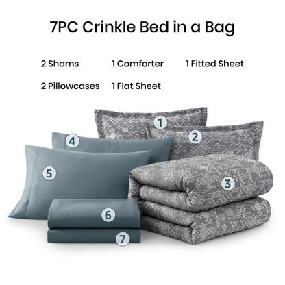 MaiRêve King Comforter Set Navy Blue, Crinkle Textured Design Bedding Set 7 Pieces Bed in A Bag, All Season Farmhouse Comforter Set with Sheets, Pillowcases & Shams