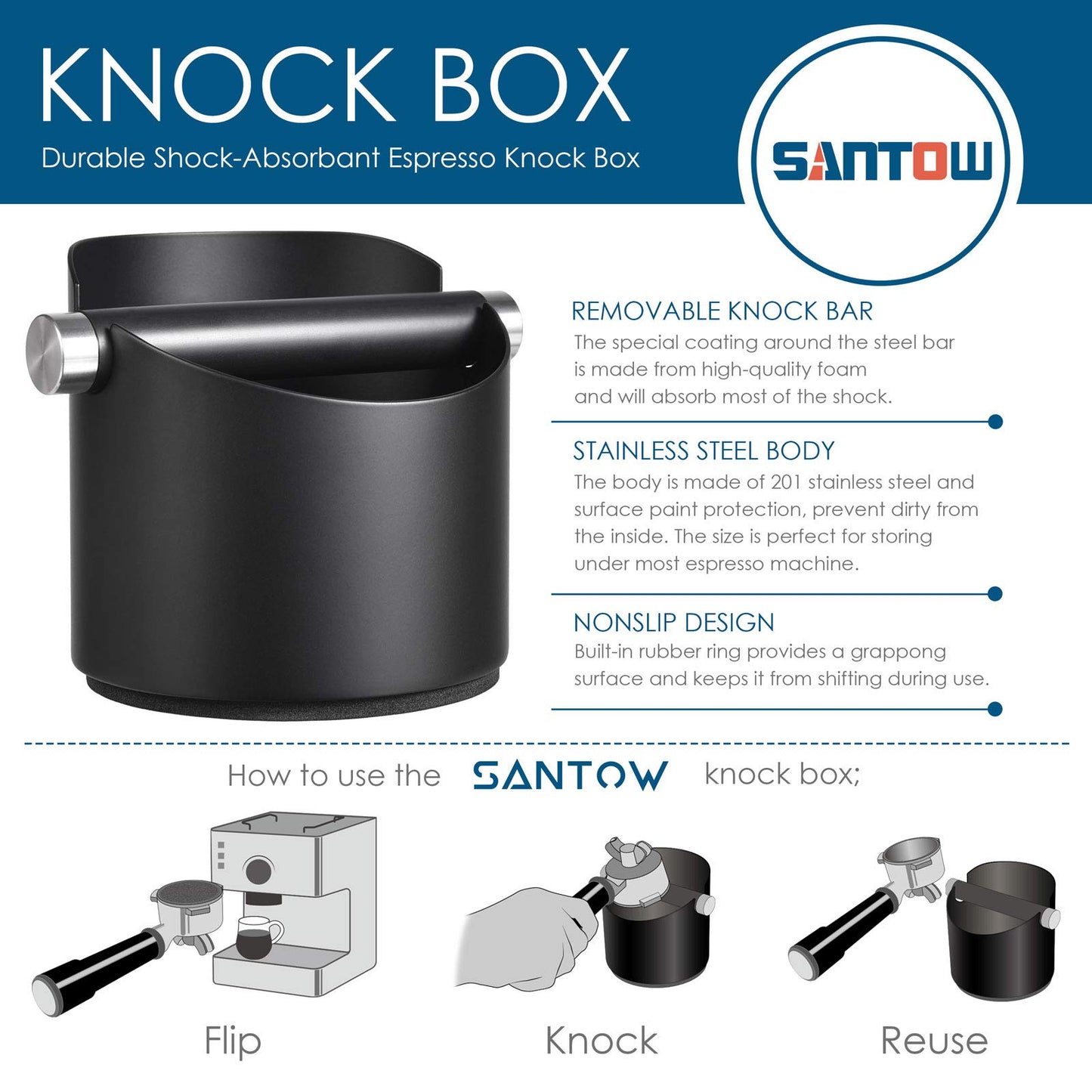 Coffee Knock Box, SANTOW Black Espresso Knock Box with Removable Knock Bar and Non-Slip Base – Dishwasher Safe, Stainless Steel Construction, Small Size