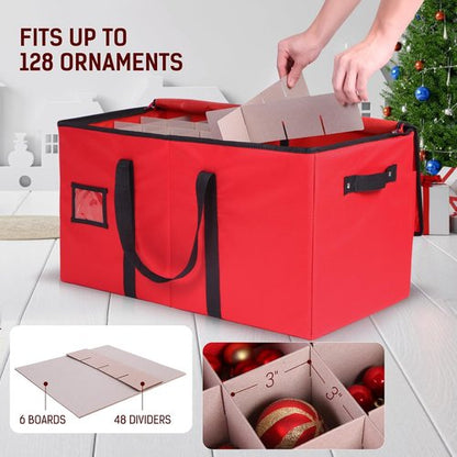 Lambada Christmas Ornament Storage Box - Durable Organizer for 128 Ornaments | Adjustable Dividers, Red