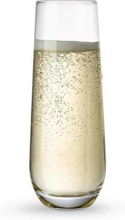 KooK Champagne Flutes - Set of 8 Stemless Glasses | 9.4oz Rose Prosecco Glasses for Weddings & Parties