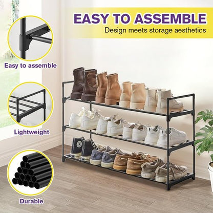XSBAIHUO Shoe Rack - Metal Shoe Rack Organizer - Stackable Shoe Storage Shelf for Entryway, Closet, Bathroom 30cm(D) x 92cm(W) x 55cm(H) -Black (3-Tier)