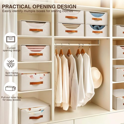 Homsorout Stackable Storage Drawers - Large Collapsible Bins with Drawers | 4-Pack Fabric Organizers in Light Beige
