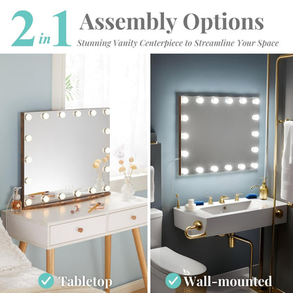 LUXFURNI Vanity Mirror with Makeup Lights, Large Hollywood Light up Mirrors w/ 18 LED Bulbs Tabletop & Wall Mounted (26Lx21W, Rustic Brown)