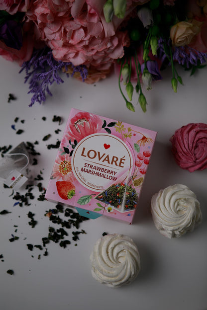 LOVARE Assorted Tea Variety Pack of 60 Pyramids - Made in Ukraine - Set of 4 Pyramid Tea Bags Boxes – 1001 Nights, Strawberry Marshmallow, Champagne Splashes, Berry Jam - Flavored Tea Pyramid Bags