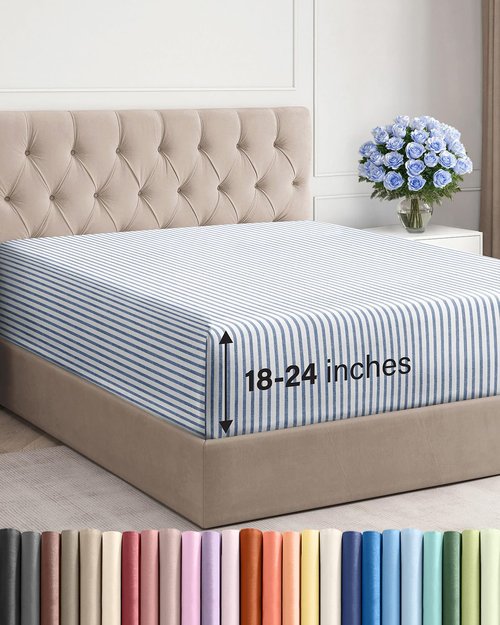 Extra Deep Cal King Fitted Sheet - Hotel Luxury Single Fitted Sheet Only - Easily Fits 18 inch to 24 inch Mattress - Ultra Soft, Wrinkle Free w/Extra Deep Pockets - Breathable & Comfy - Blue Stripes