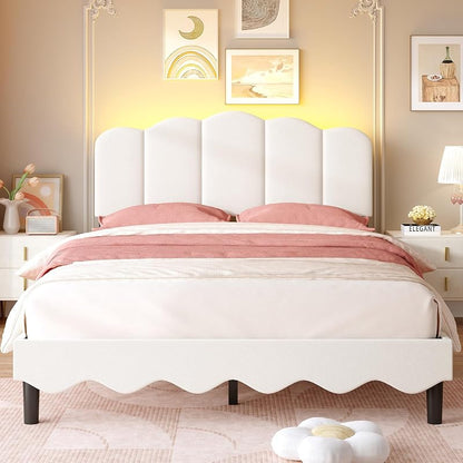 Full Size Storage Headboard Bed Frame with LED Lights, Beige - Variation: Beige+Full