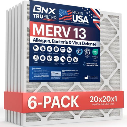 BNX TruFilter 20x20x1 Air Filter MERV 13 (6-Pack) - MADE IN USA - Electrostatic Pleated Air Conditioner HVAC AC Furnace Filters for Allergies, Pollen, Mold, Bacteria, Smoke, Allergen, MPR 1900 FPR 10