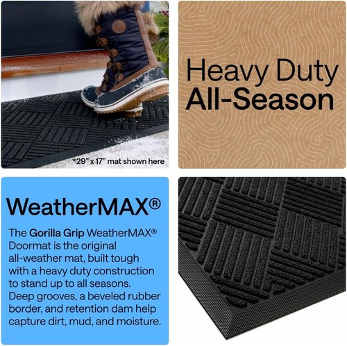 GORILLA GRIP Waterproof All-Season Doormat - Natural Rubber, Stain & Fade Resistant | 29x17, Black Diamond