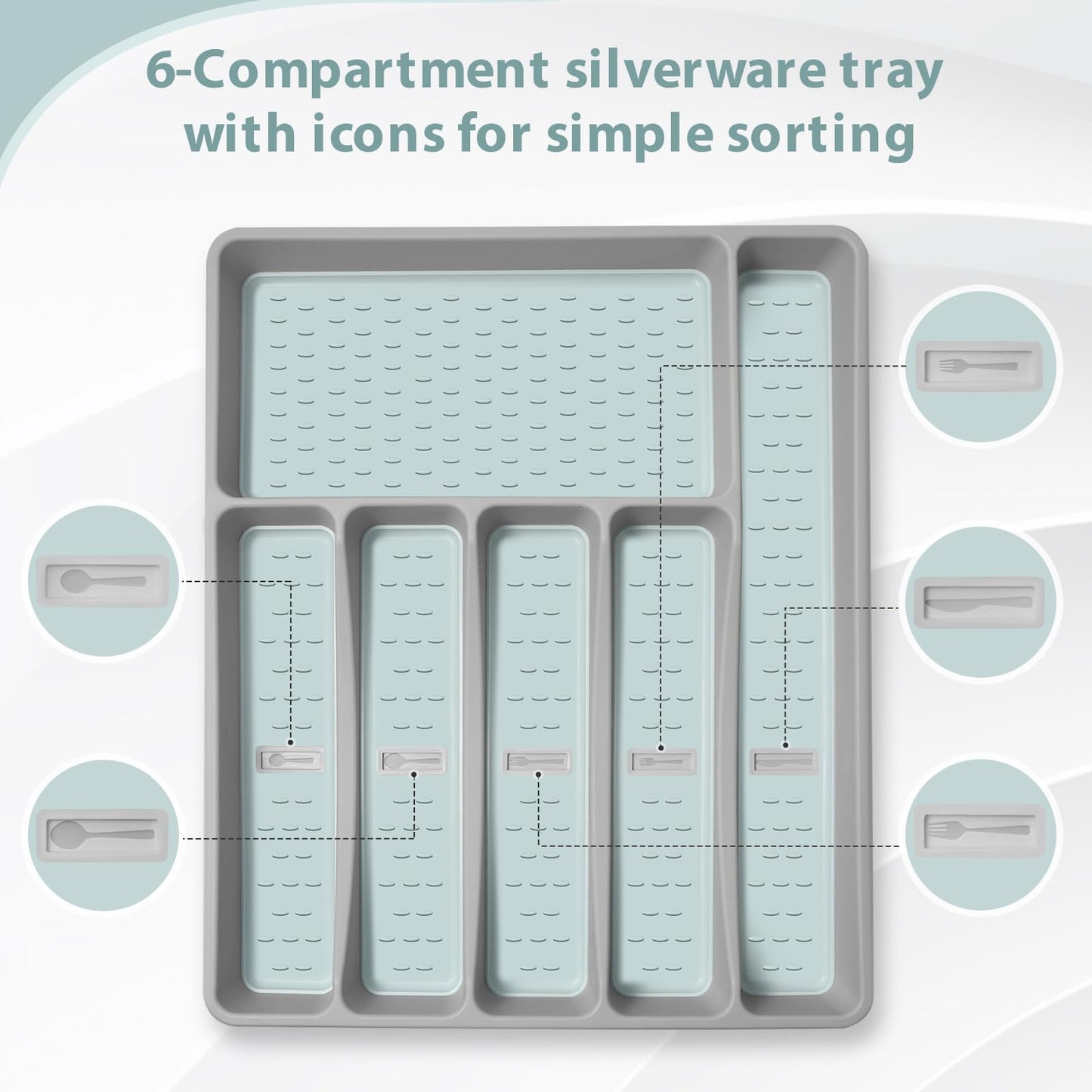 CherHome Silverware Organizer with Cutlery Icons,Silverware Tray for Kitchen Drawer,Plastic Flatware Tableware Silverware Drawer Organizer Utensil Organizer with Non-slip TPR Linings，6-Compartment