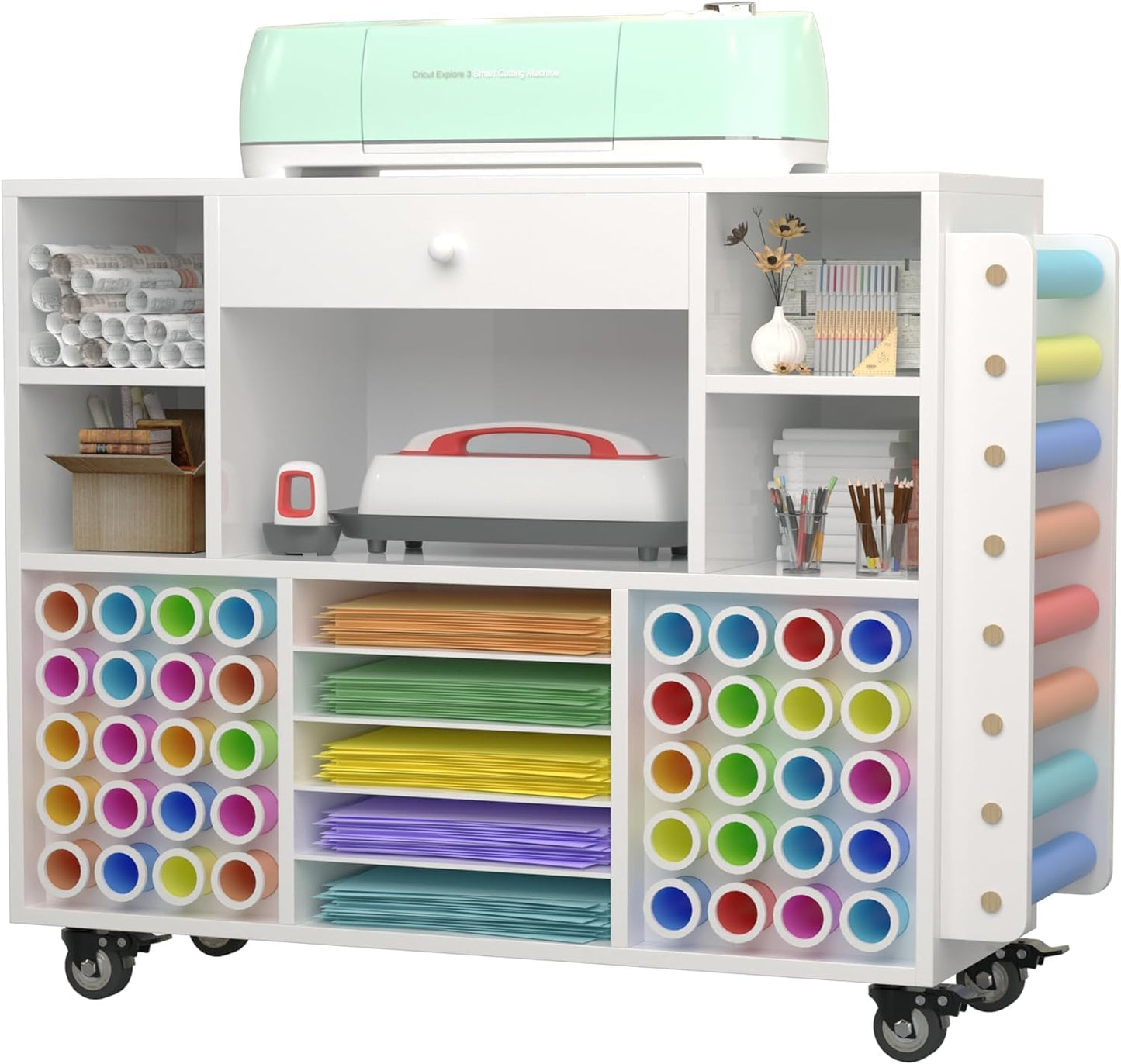 Skiennix Craft Organization Cart - Rolling Storage Solution with Large Drawer & 48 Vinyl Roll Holder | Ideal for Cricut Machines