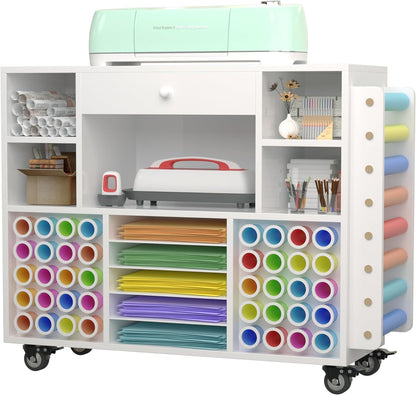Skiennix Craft Organization Cart - Rolling Storage Solution with Large Drawer & 48 Vinyl Roll Holder | Ideal for Cricut Machines