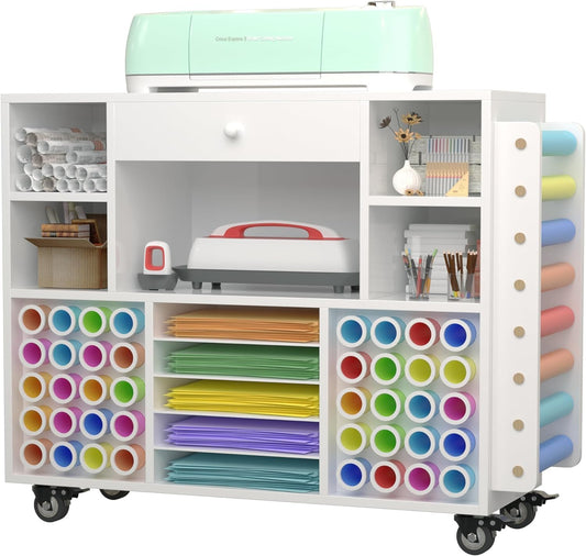 Skiennix Craft Organization Cart - Rolling Storage Solution with Large Drawer & 48 Vinyl Roll Holder | Ideal for Cricut Machines
