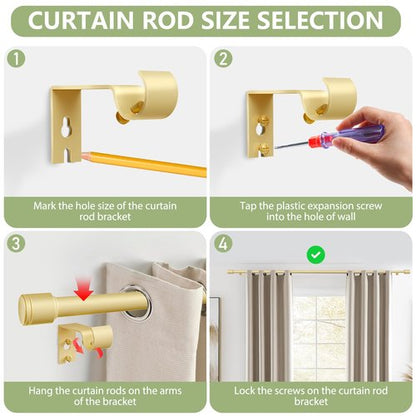 5/8” Diameter Curtain Rods 30-45 Inch, for 30-39 Inch Windows, Adjustable Splicing Gold Curtain Rods for Windows with Brackets, Window Rod Long Small Curtains Rod, 2 Pack