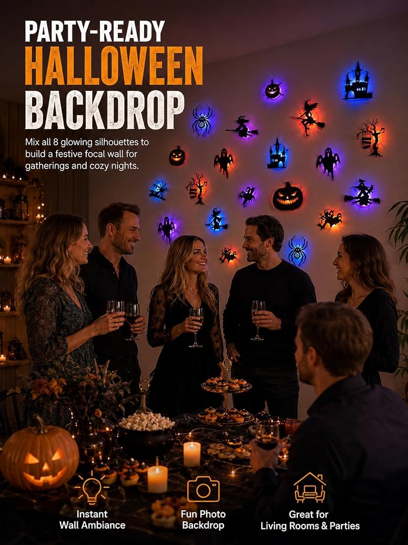 Halloween LED Wall Stickers - 24pcs Glow in the Dark Bat & Spooky Silhouettes Set