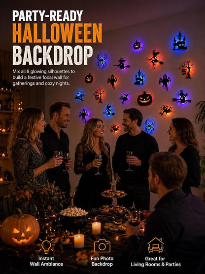 Halloween LED Wall Stickers - 24pcs Glow in the Dark Bat & Spooky Silhouettes Set